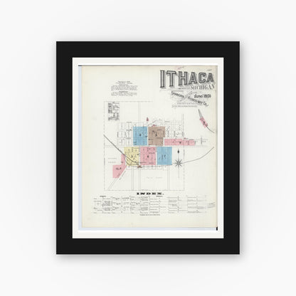 Old map wall art mockup — black gallery frame with white mat — Sanborn Fire Insurance Map from Ithaca, Gratiot County, Michigan (1891), Sheet #0001