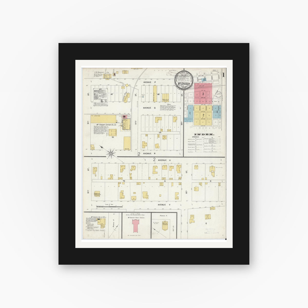 Old map wall art mockup — black gallery frame with white mat — Sanborn Fire Insurance Map from McGregor, McLennan County, Texas (1899), Sheet #0001