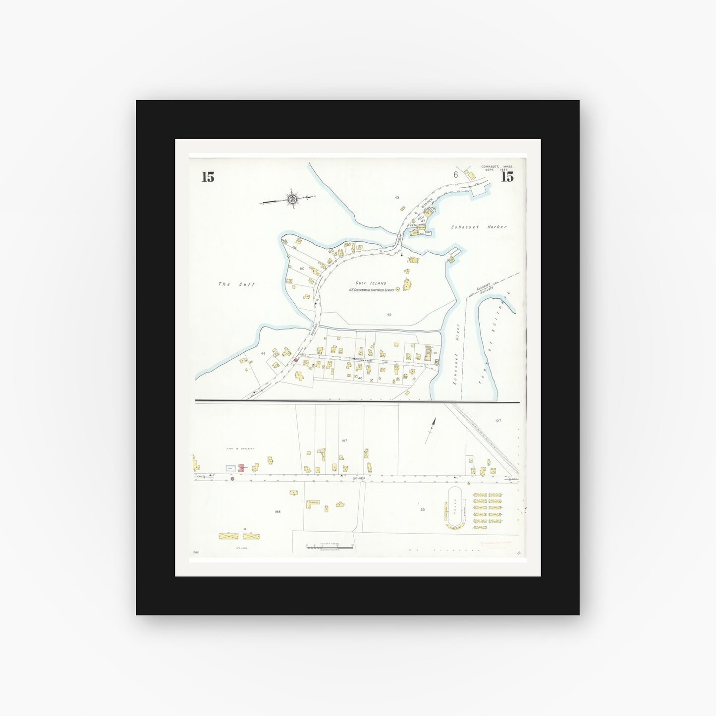 Old map wall art mockup — black gallery frame with white mat — Sanborn Fire Insurance Map from Cohasset, Norfolk County, Massachusetts (1935), Sheet #0015