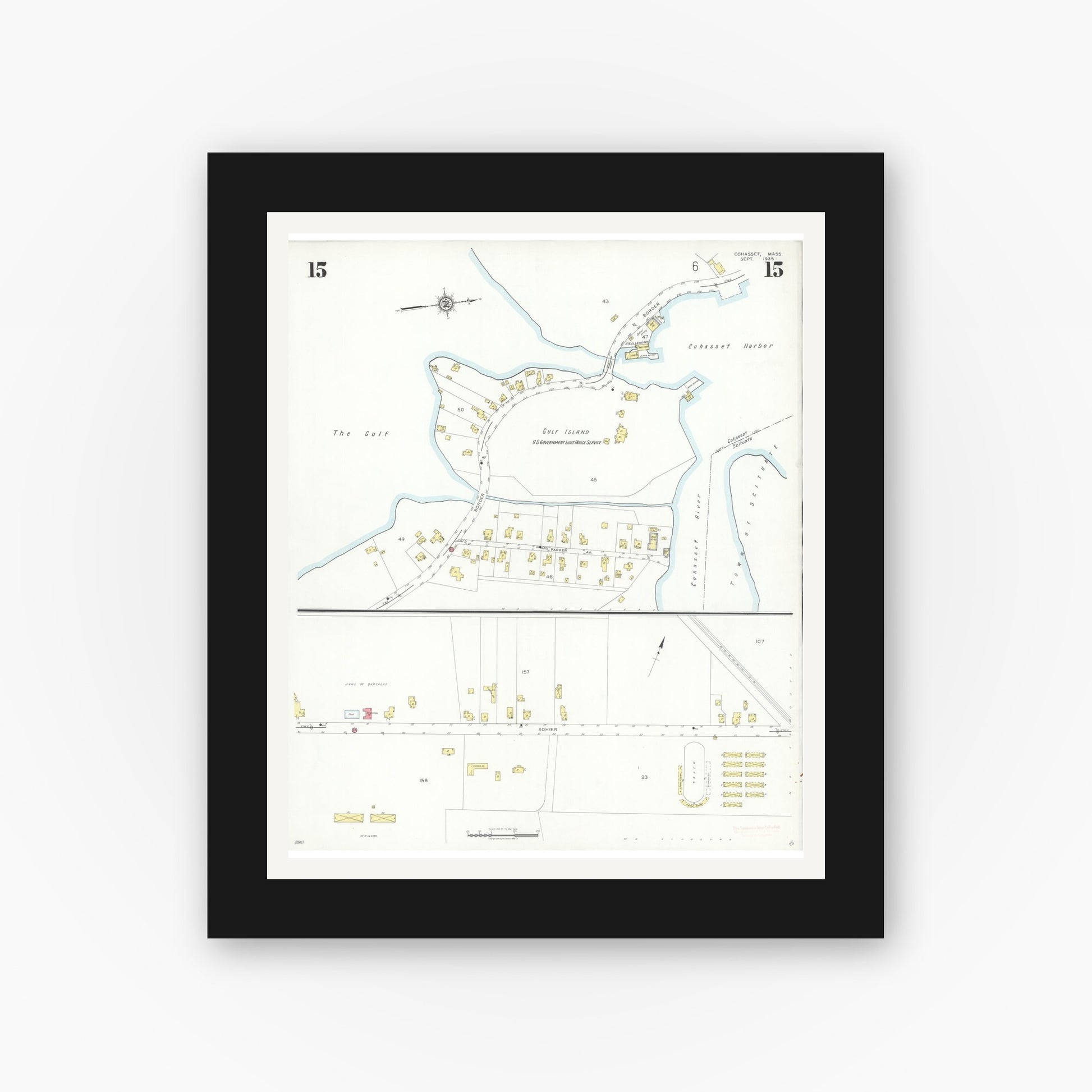 Old map wall art mockup — black gallery frame with white mat — Sanborn Fire Insurance Map from Cohasset, Norfolk County, Massachusetts (1935), Sheet #0015