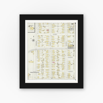 Old map wall art mockup — black gallery frame with white mat — Sanborn Fire Insurance Map from Columbus, Bartholomew County, Indiana (1898), Sheet #0016