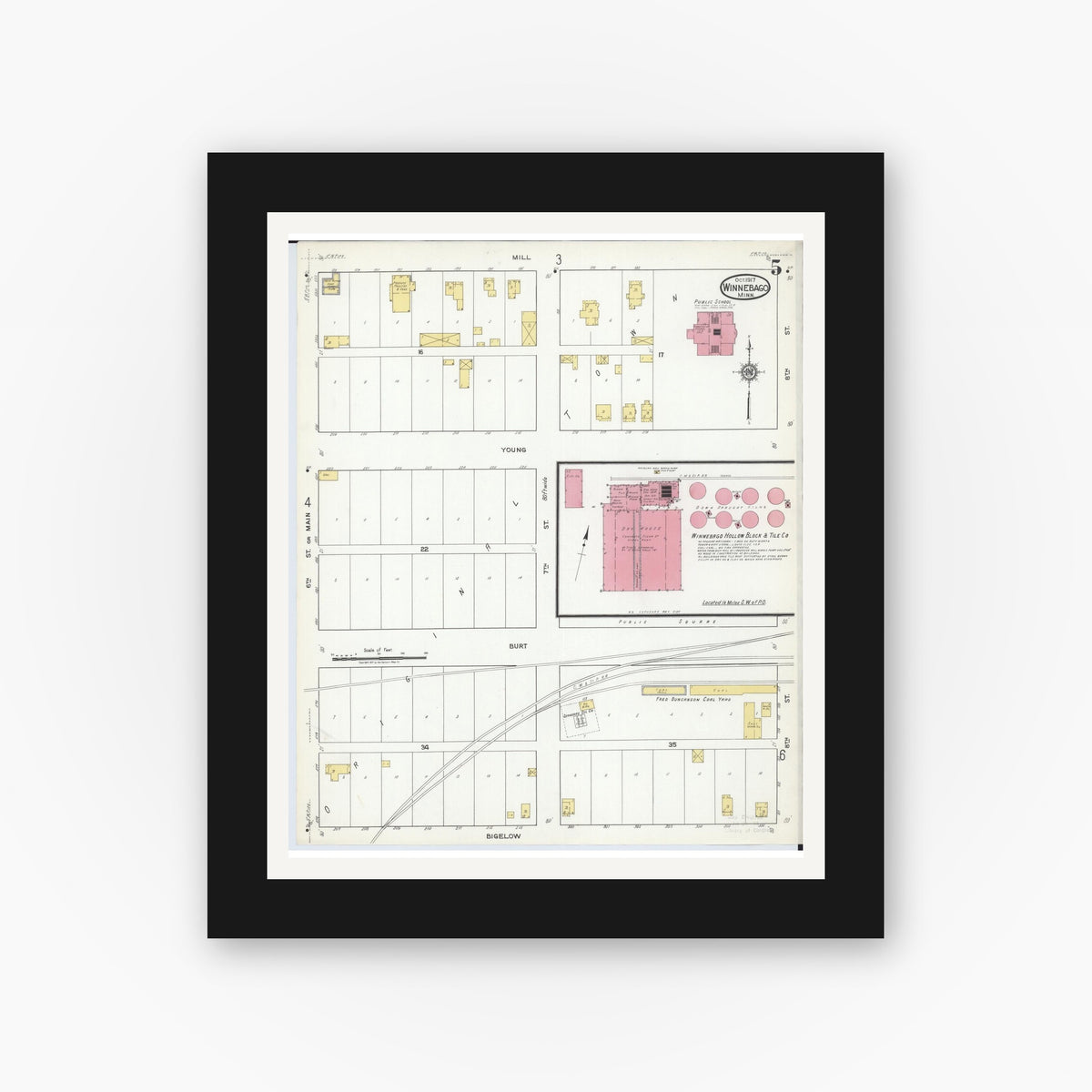 Old map wall art mockup — black gallery frame with white mat — Sanborn Fire Insurance Map from Winnebago, Faribault County, Minnesota (1917), Sheet #0005
