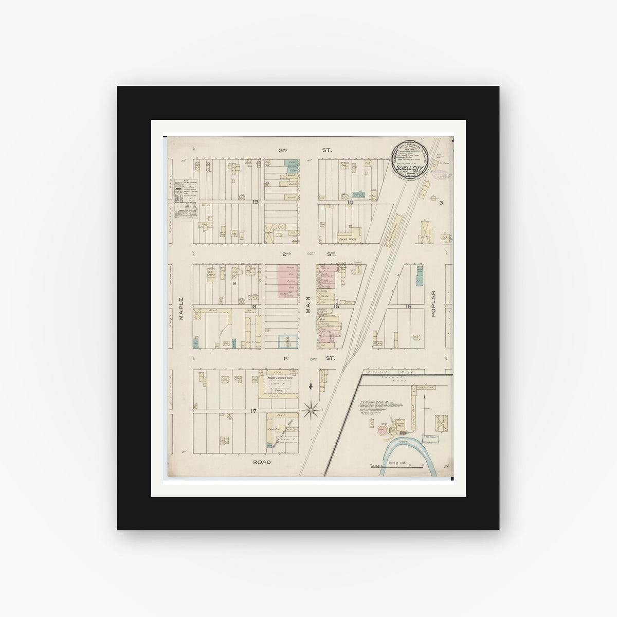 Old map wall art mockup — black gallery frame with white mat — Sanborn Fire Insurance Map from Schell City, Vernon County, Missouri (1886), Sheet #0001