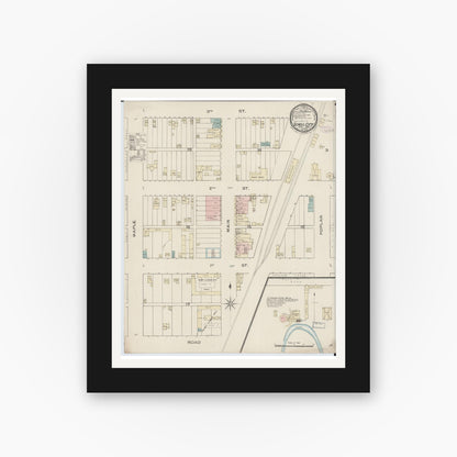 Old map wall art mockup — black gallery frame with white mat — Sanborn Fire Insurance Map from Schell City, Vernon County, Missouri (1886), Sheet #0001