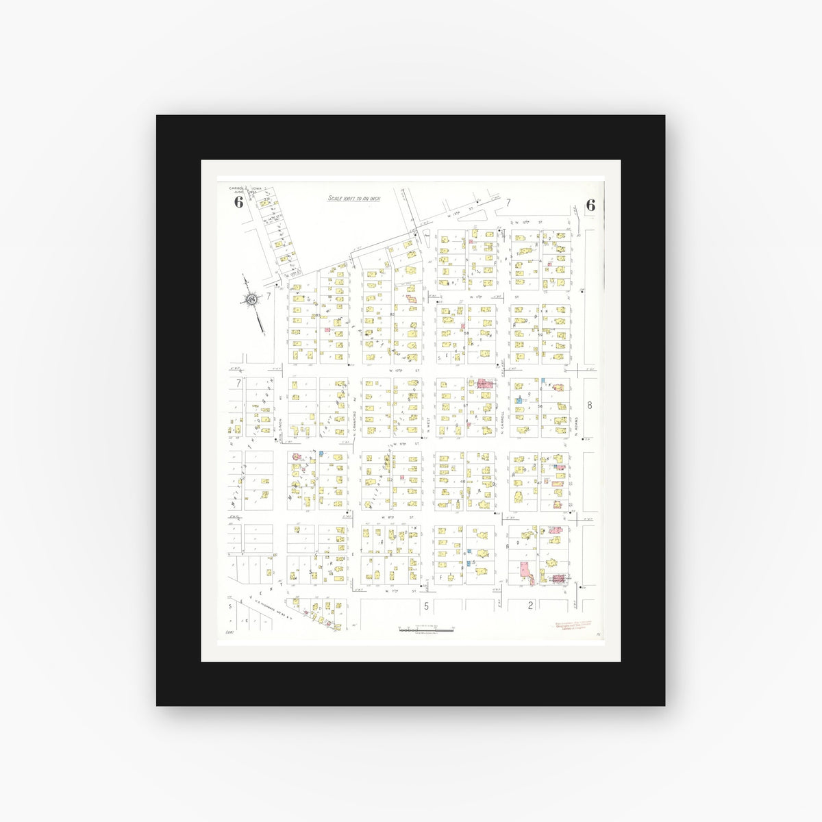 Old map wall art mockup — black gallery frame with white mat — Sanborn Fire Insurance Map from Carroll, Carroll County, Iowa (1935), Sheet #0006