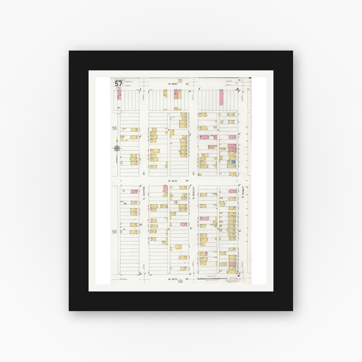 Old map wall art mockup — black gallery frame with white mat — Sanborn Fire Insurance Map from Chicago, Cook County, Illinois (1920), Sheet #0057