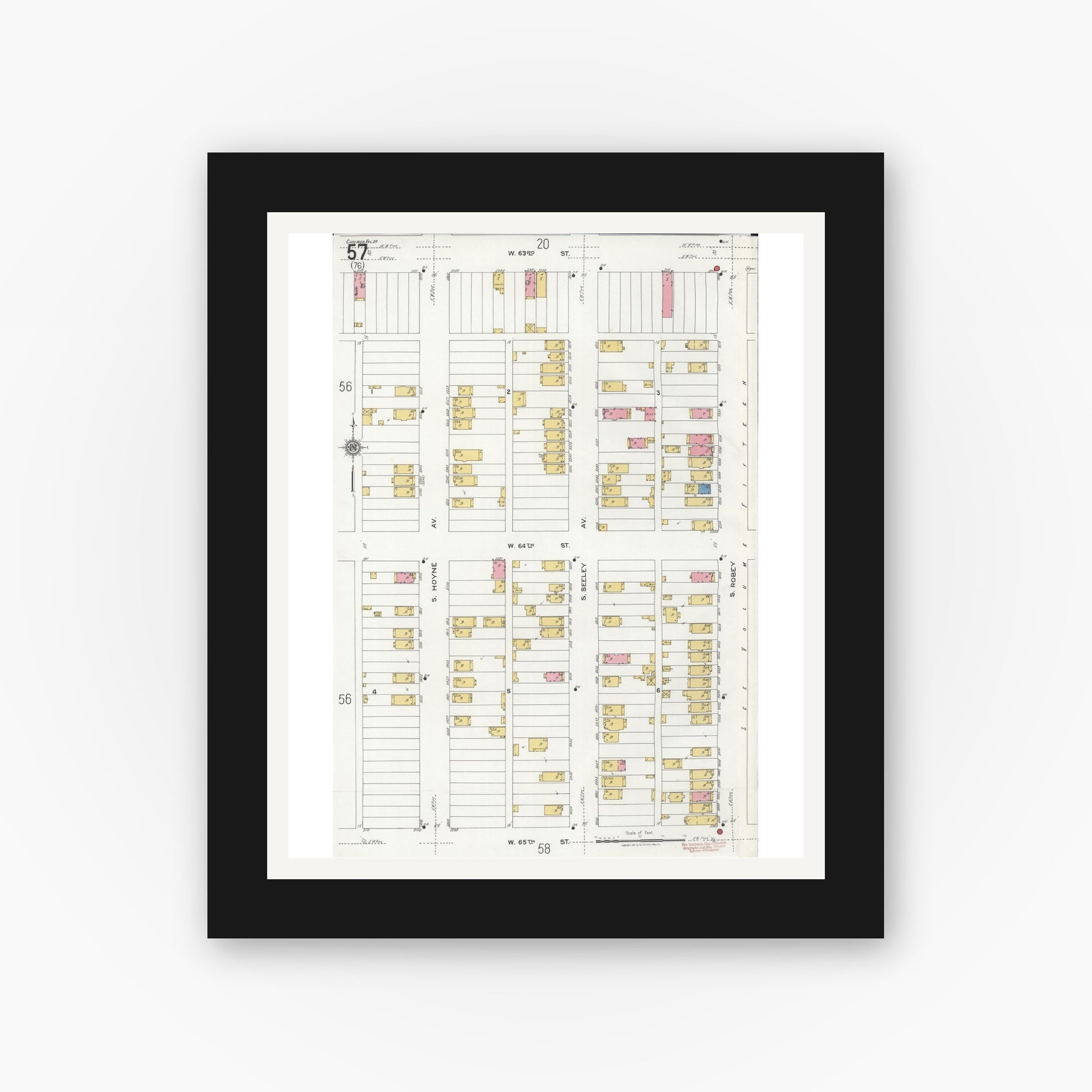 Old map wall art mockup — black gallery frame with white mat — Sanborn Fire Insurance Map from Chicago, Cook County, Illinois (1920), Sheet #0057