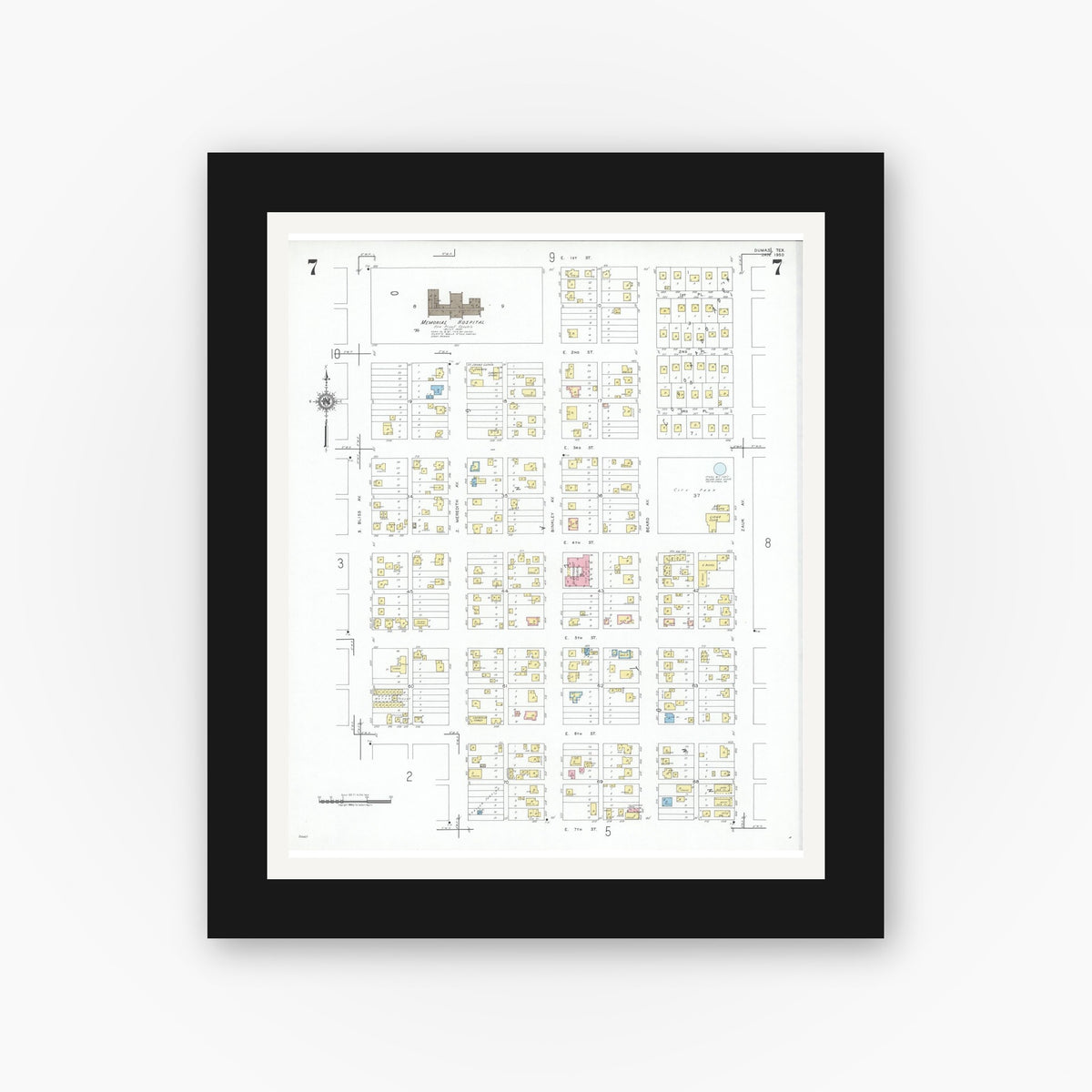 Old map wall art mockup — black gallery frame with white mat — Sanborn Fire Insurance Map from Dumas, Moore County, Texas (1950), Sheet #0007