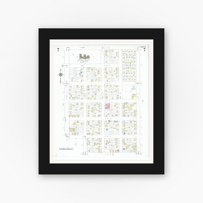 Old map wall art mockup — black gallery frame with white mat — Sanborn Fire Insurance Map from Dumas, Moore County, Texas (1950), Sheet #0007