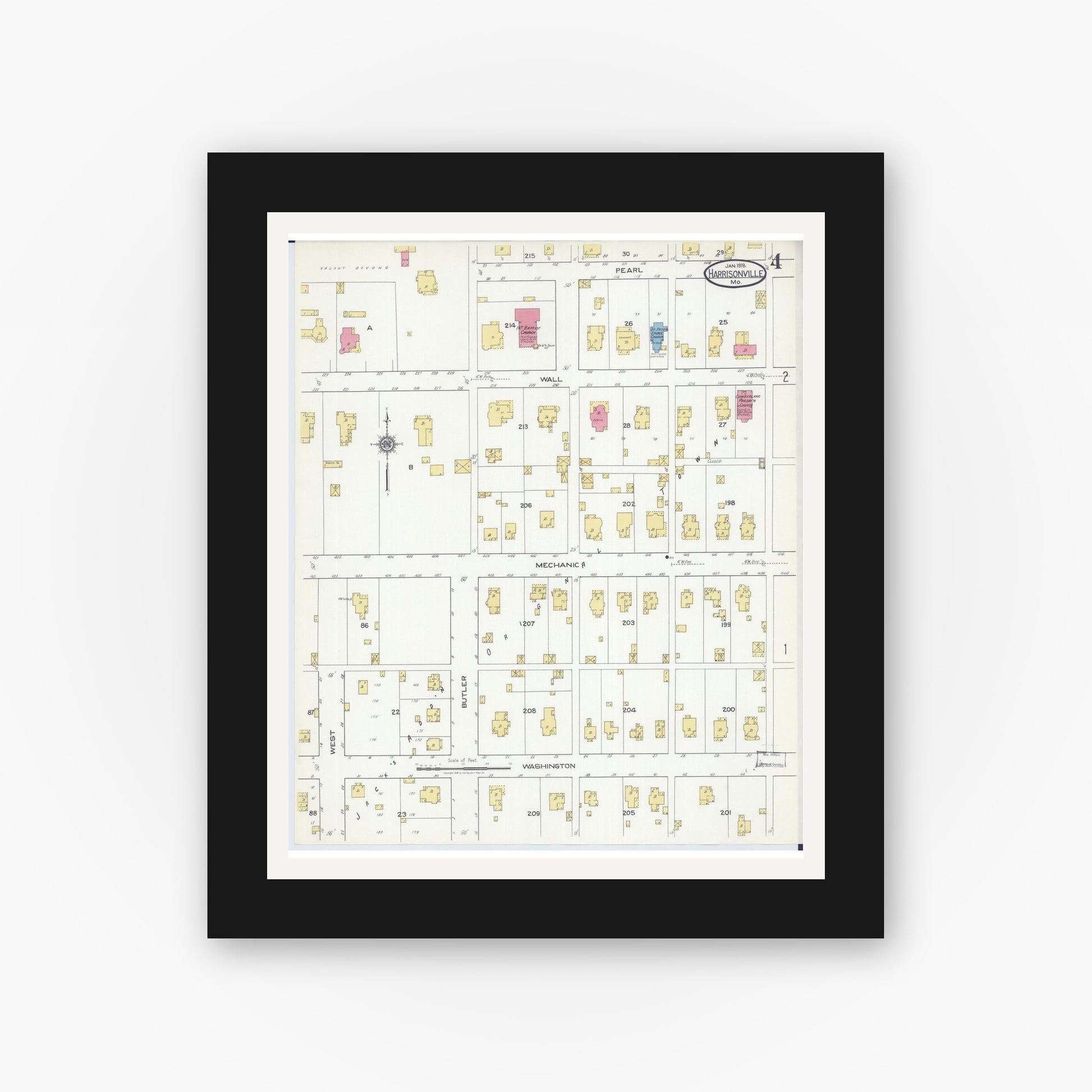 Old map wall art mockup — black gallery frame with white mat — Sanborn Fire Insurance Map from Harrisonville, Cass County, Missouri (1918), Sheet #0004