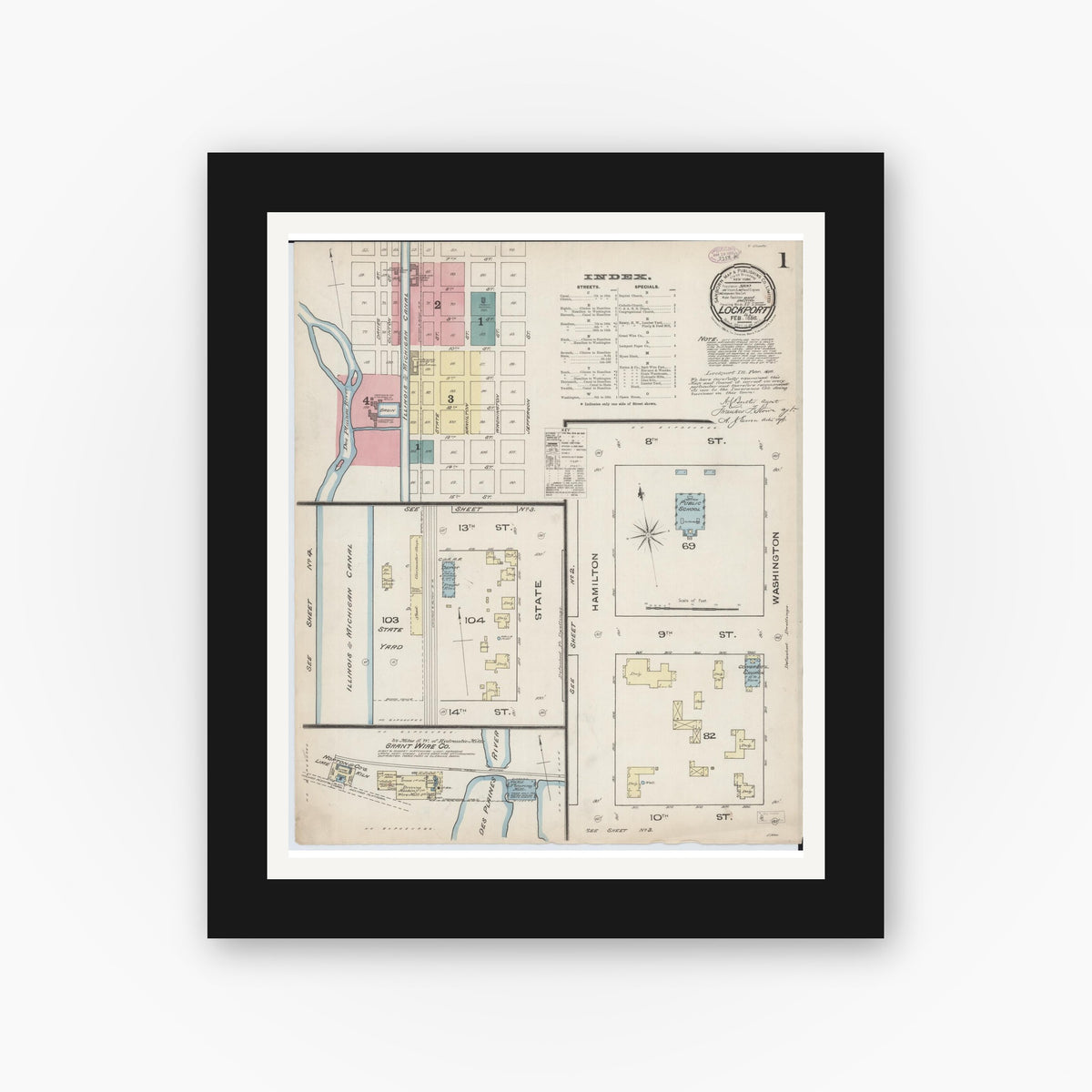 Old map wall art mockup — black gallery frame with white mat — Sanborn Fire Insurance Map from Lockport, Will County, Illinois (1886) - Complete Map Set