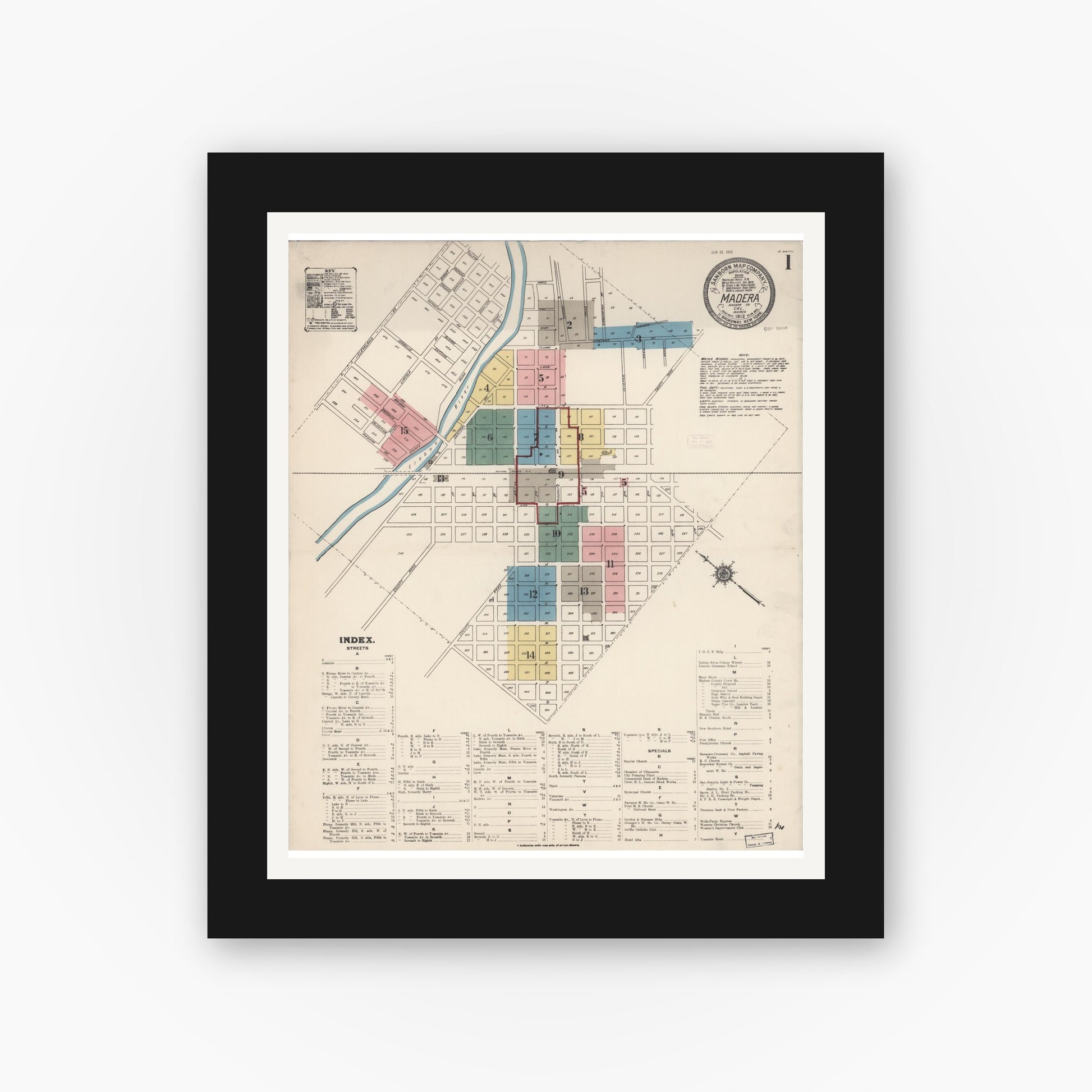 Old map wall art mockup — black gallery frame with white mat — Sanborn Fire Insurance Map from Madera, Madera County, California (1912) - Complete Map Set