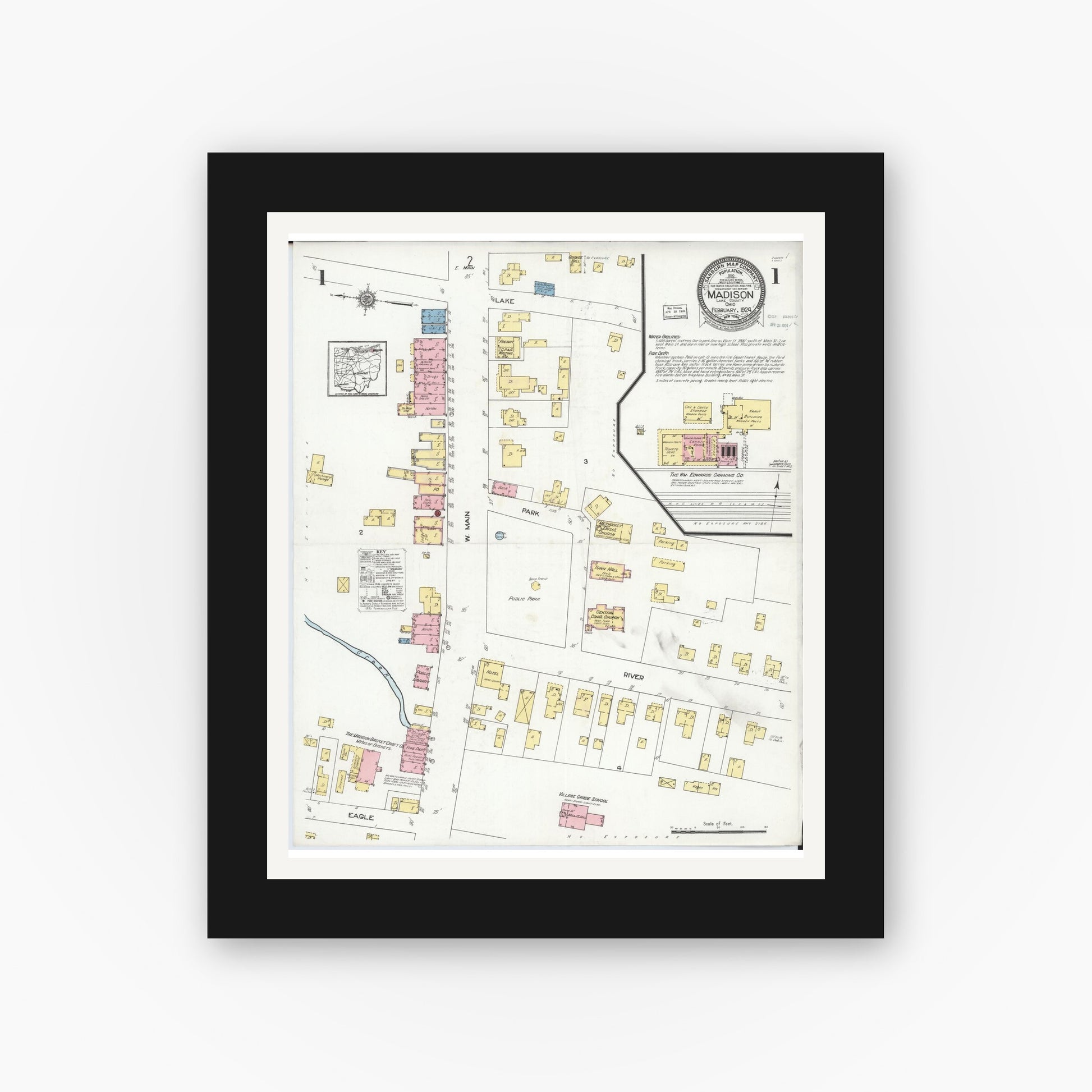 Old map wall art mockup — black gallery frame with white mat — Sanborn Fire Insurance Map from Madison, Lake County, Ohio (1924), Sheet #0001