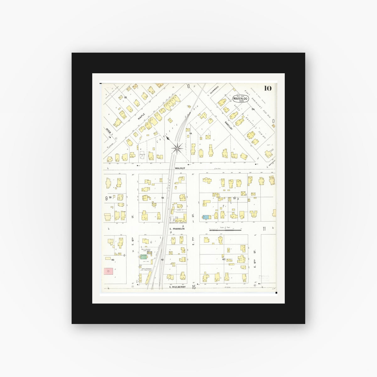 Old map wall art mockup — black gallery frame with white mat — Sanborn Fire Insurance Map from Waterloo, Black Hawk County, Iowa (1900), Sheet #0010