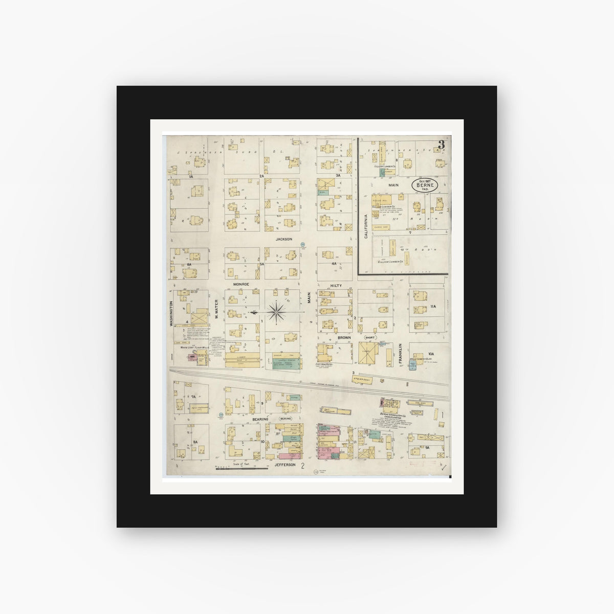 Old map wall art mockup — black gallery frame with white mat — Sanborn Fire Insurance Map from Berne, Adams County, Indiana (1907), Sheet #0003