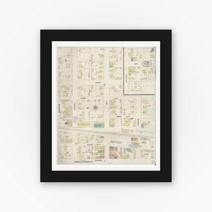 Old map wall art mockup — black gallery frame with white mat — Sanborn Fire Insurance Map from Berne, Adams County, Indiana (1907), Sheet #0003