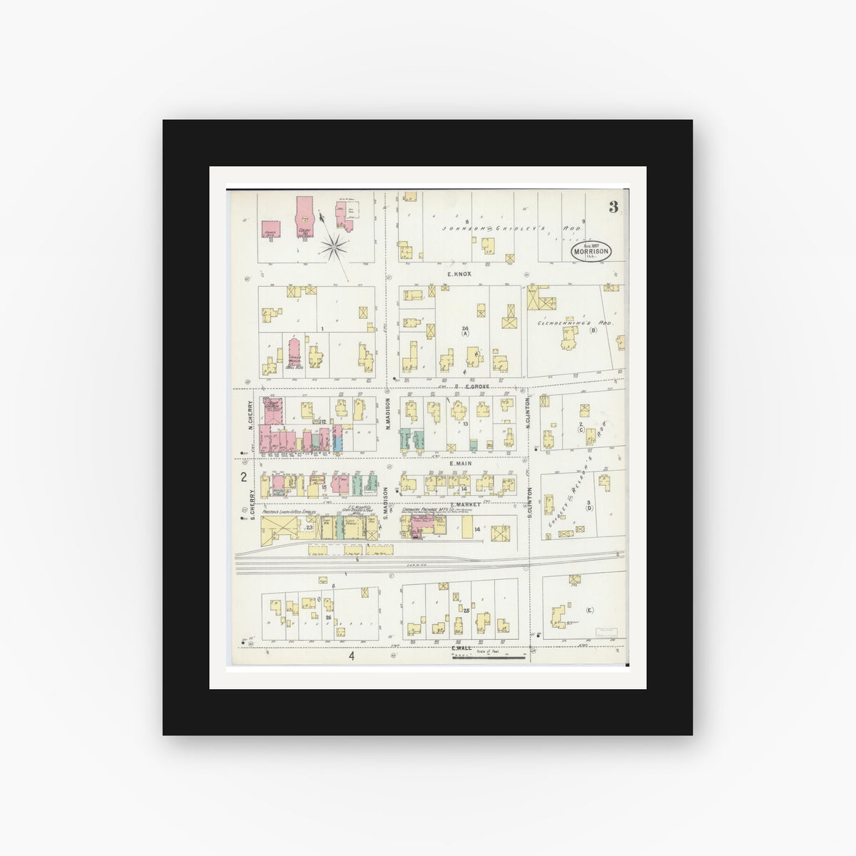 Old map wall art mockup — black gallery frame with white mat — Sanborn Fire Insurance Map from Morrison, Whiteside County, Illinois (1897), Sheet #0003