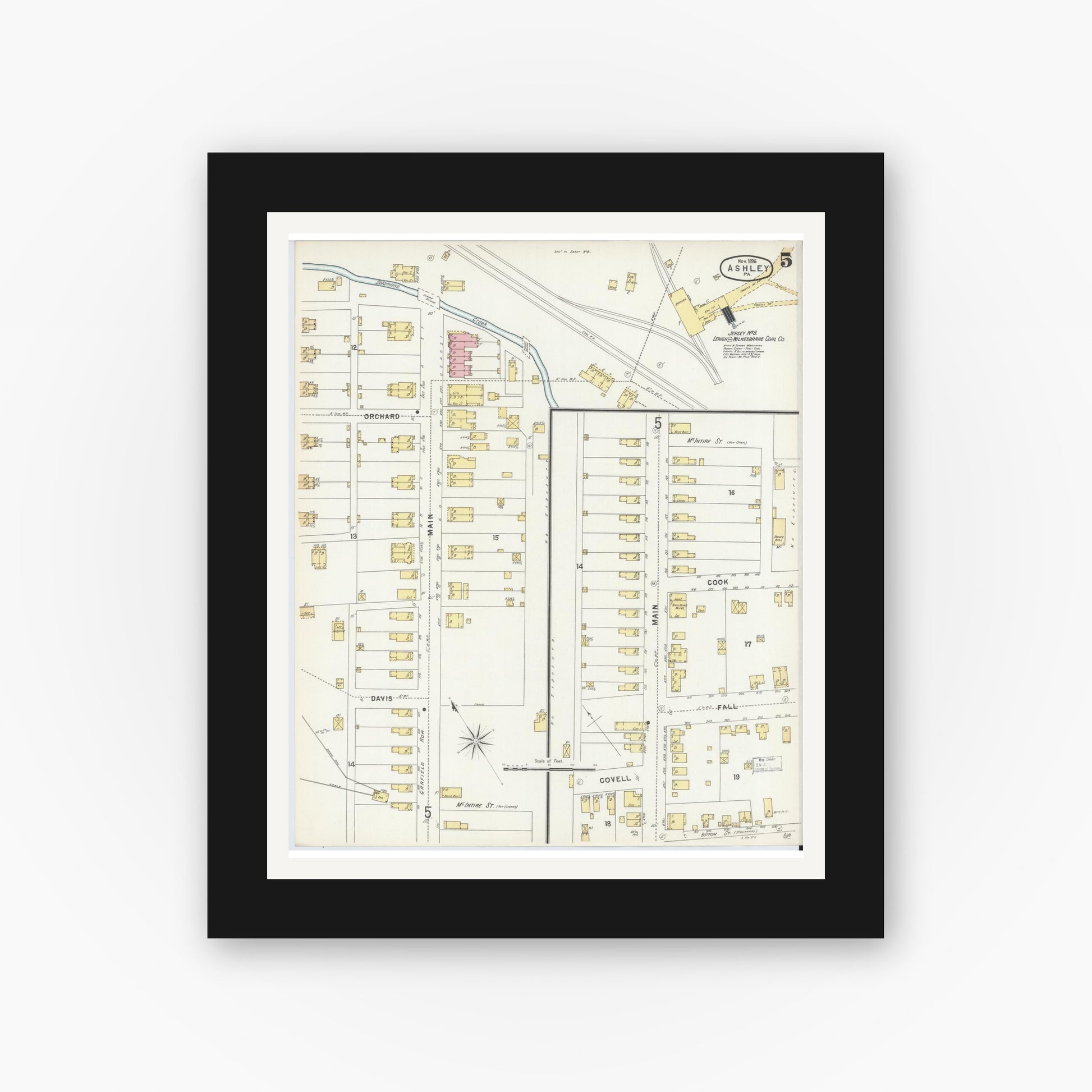 Old map wall art mockup — black gallery frame with white mat — Sanborn Fire Insurance Map from Ashley, Luzerne County, Pennsylvania (1896), Sheet #0005