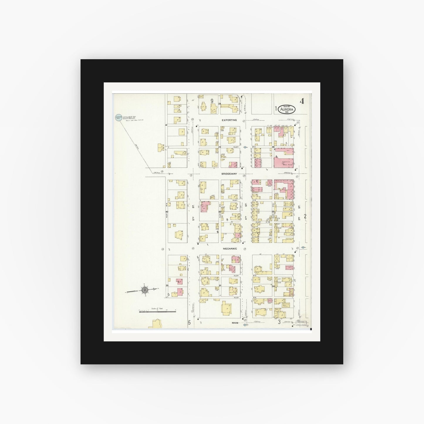 Old map wall art mockup — black gallery frame with white mat — Sanborn Fire Insurance Map from Aurora, Dearborn County, Indiana (1911), Sheet #0004