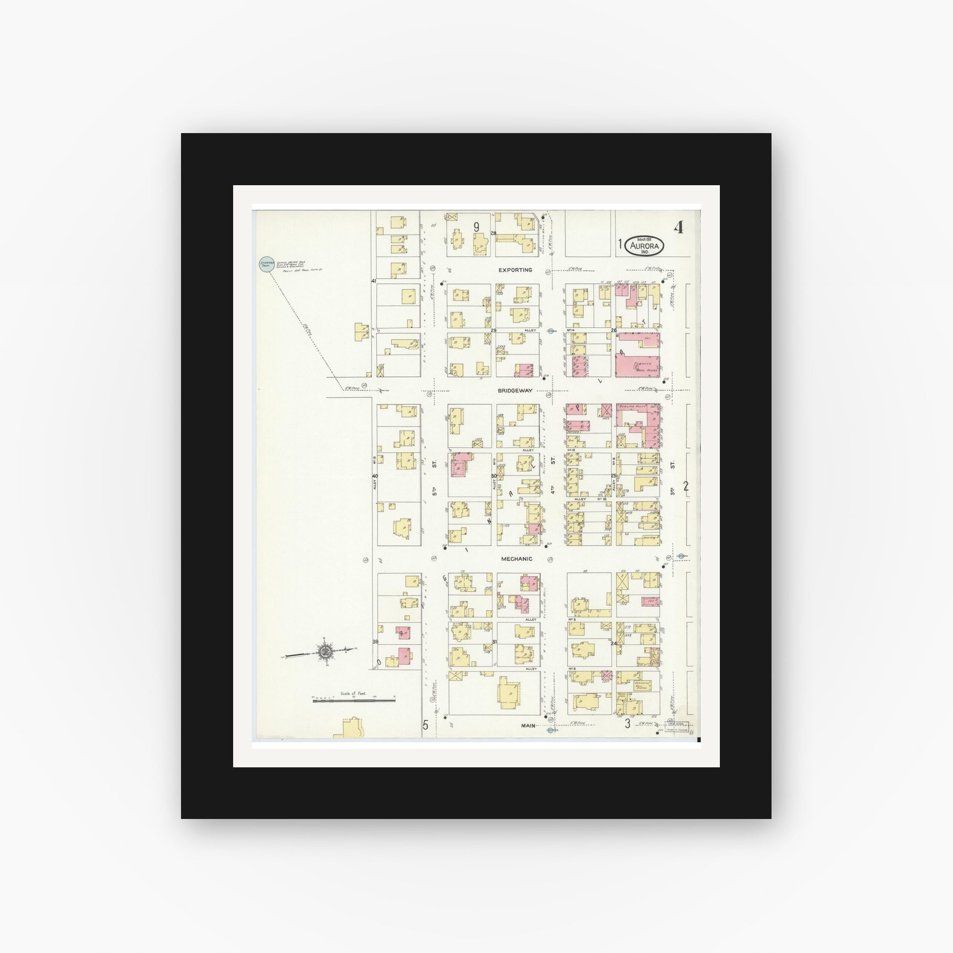 Old map wall art mockup — black gallery frame with white mat — Sanborn Fire Insurance Map from Aurora, Dearborn County, Indiana (1911), Sheet #0004