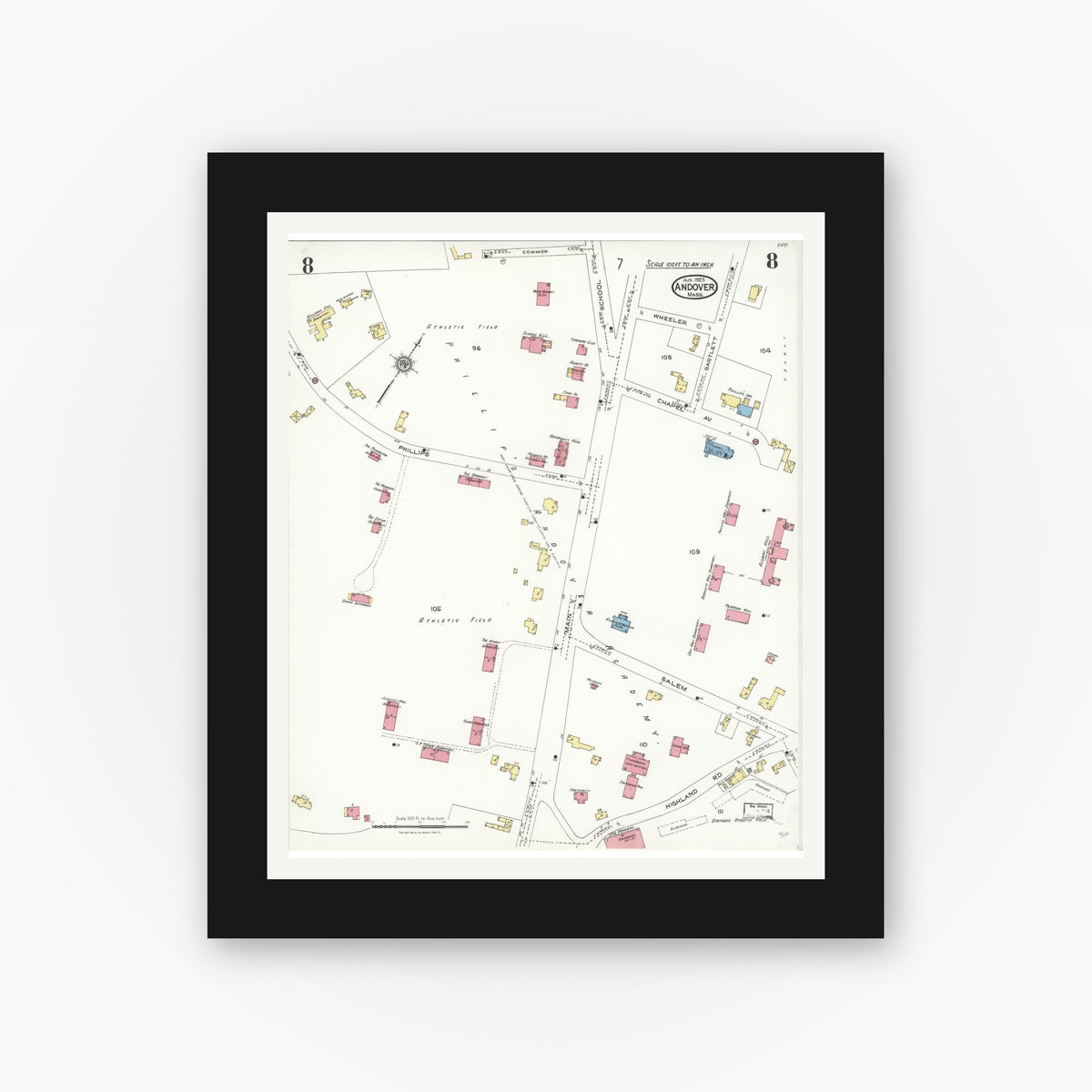 Old map wall art mockup — black gallery frame with white mat — Sanborn Fire Insurance Map from Andover, Essex County, Massachusetts (1923), Sheet #0008