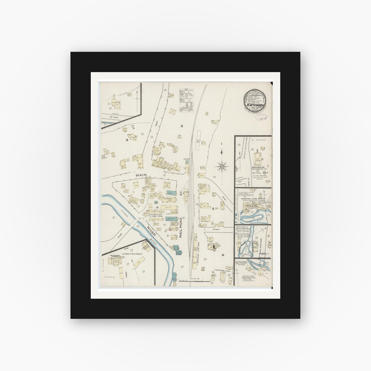Old map wall art mockup — black gallery frame with white mat — Sanborn Fire Insurance Map from Katonah, Westchester County, New York (1885), Sheet #0001