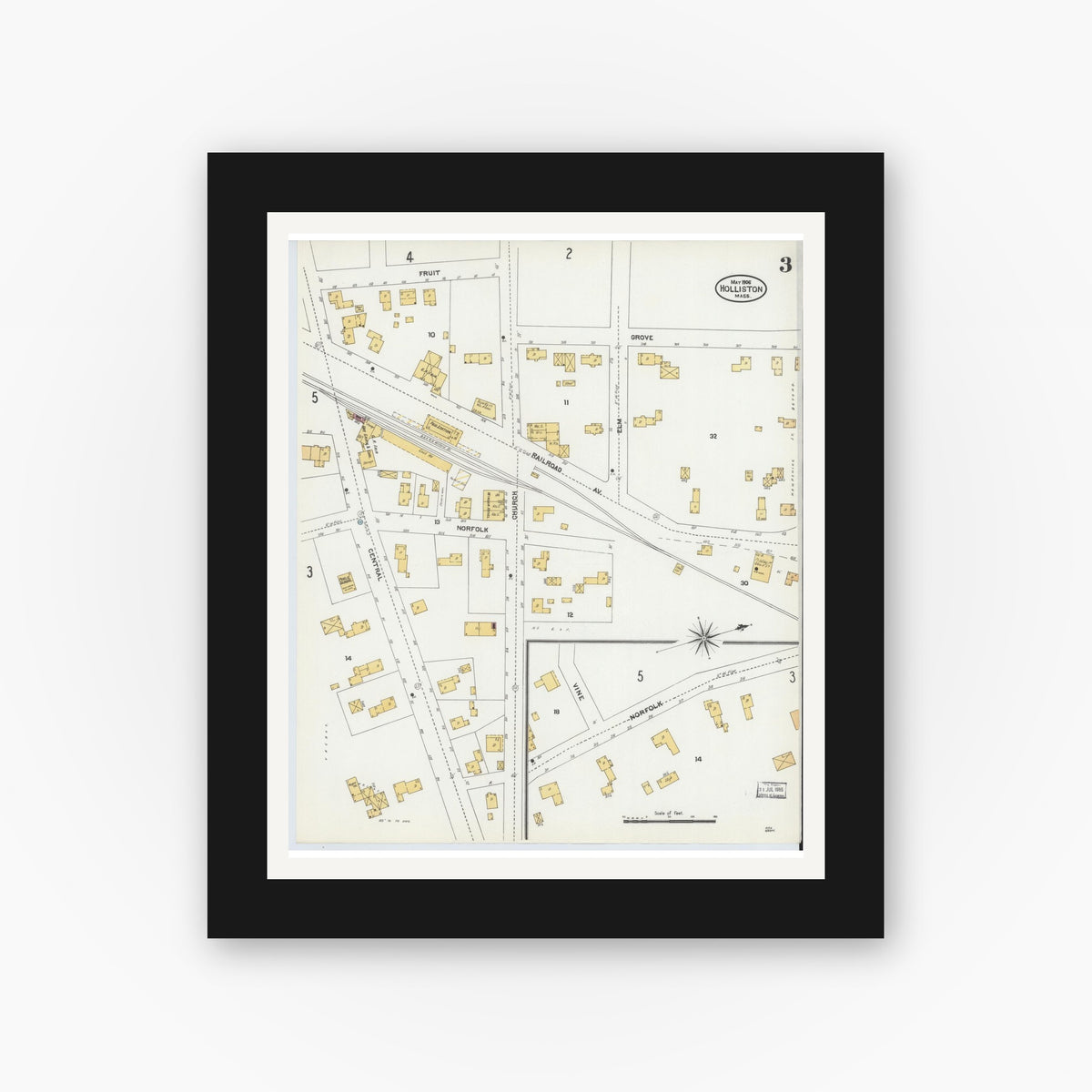 Old map wall art mockup — black gallery frame with white mat — Sanborn Fire Insurance Map from Holliston, Middlesex County, Massachusetts (1906), Sheet #0003
