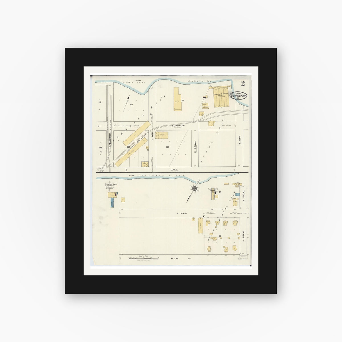 Old map wall art mockup — black gallery frame with white mat — Sanborn Fire Insurance Map from Beardstown, Cass County, Illinois (1919), Sheet #0002