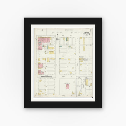 Old map wall art mockup — black gallery frame with white mat — Sanborn Fire Insurance Map from Abilene, Taylor County, Texas (1896), Sheet #0005