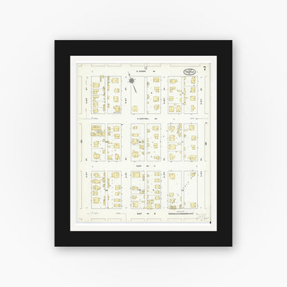 Old map wall art mockup — black gallery frame with white mat — Sanborn Fire Insurance Map from Temple, Bell County, Texas (1910), Sheet #0007