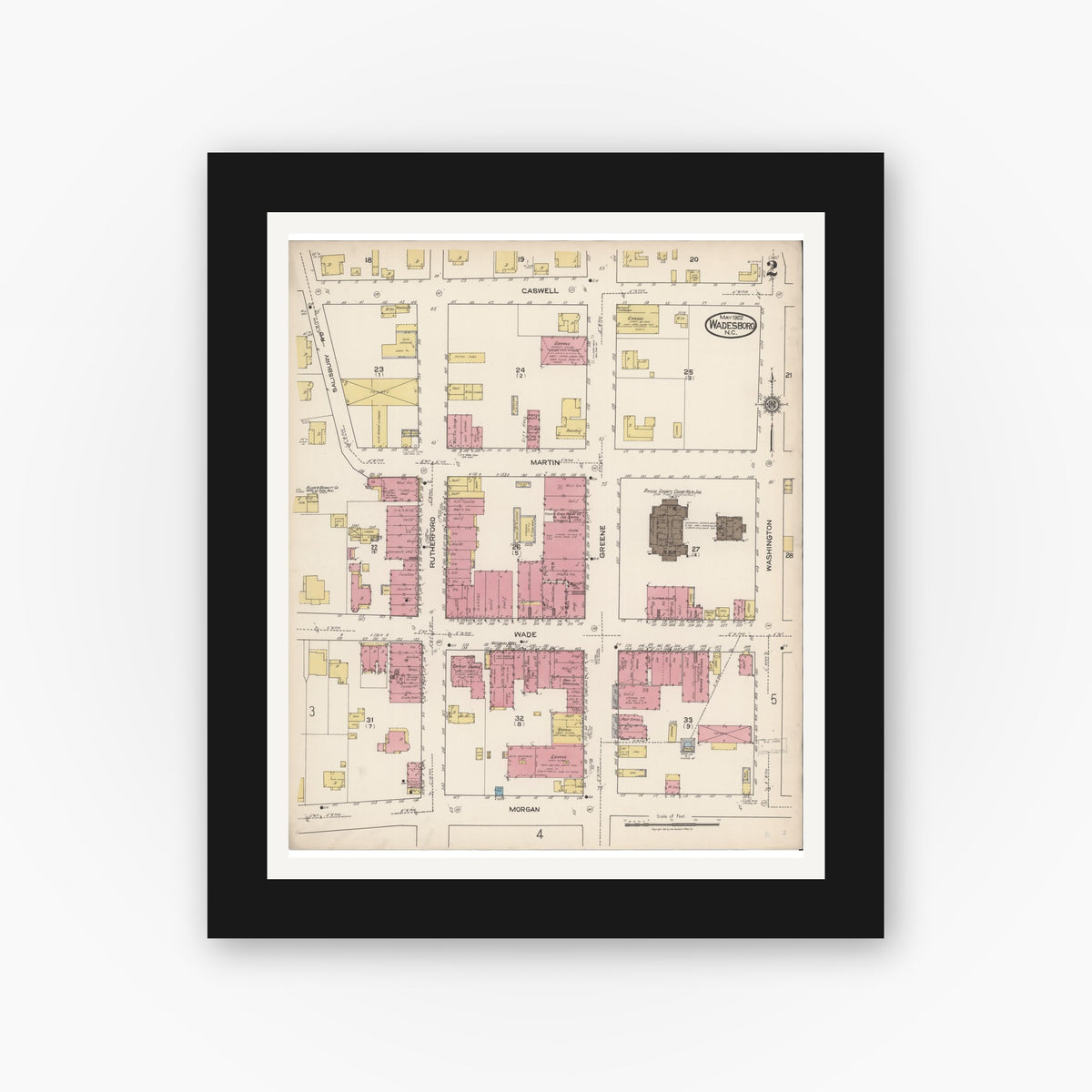 Old map wall art mockup — black gallery frame with white mat — Sanborn Fire Insurance Map from Wadesboro, Anson County, North Carolina (1922), Sheet #0002