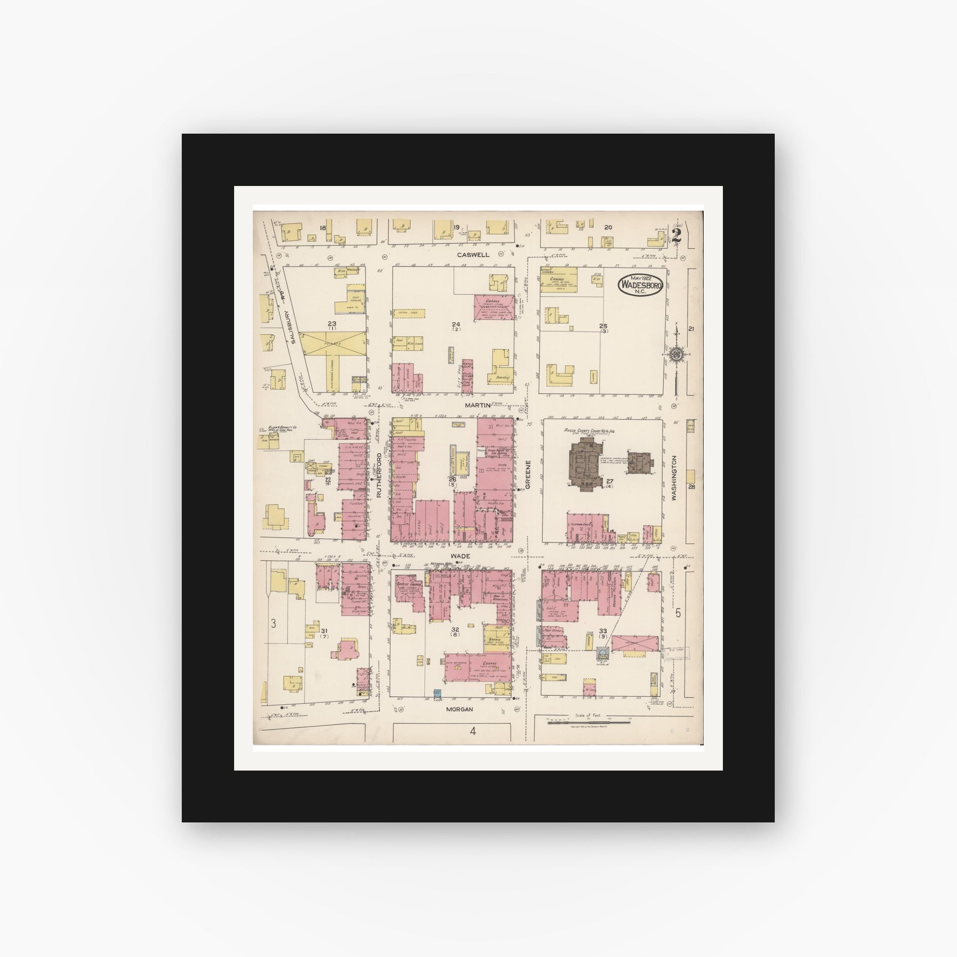 Old map wall art mockup — black gallery frame with white mat — Sanborn Fire Insurance Map from Wadesboro, Anson County, North Carolina (1922), Sheet #0002