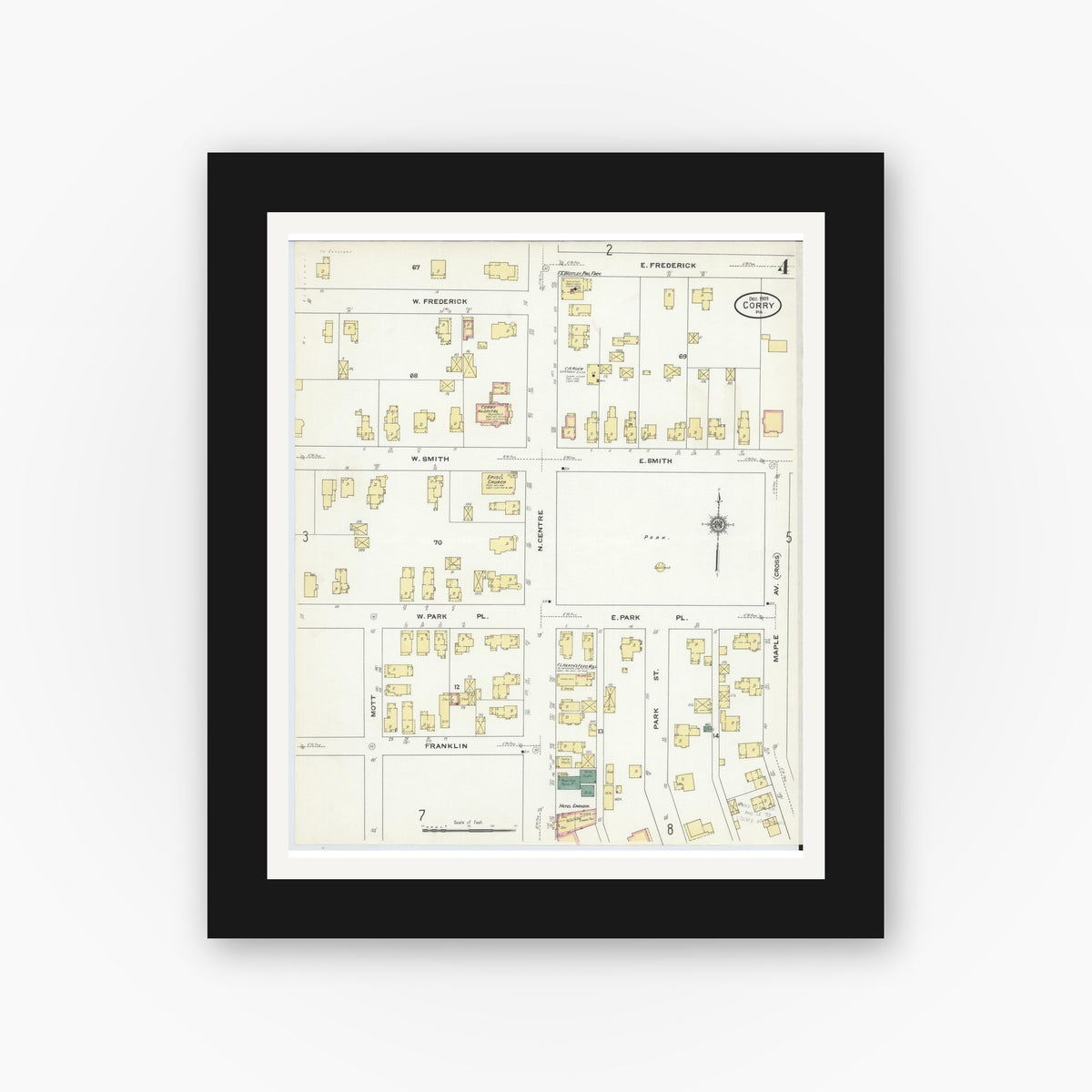 Old map wall art mockup — black gallery frame with white mat — Sanborn Fire Insurance Map from Corry, Erie County, Pennsylvania (1909), Sheet #0004