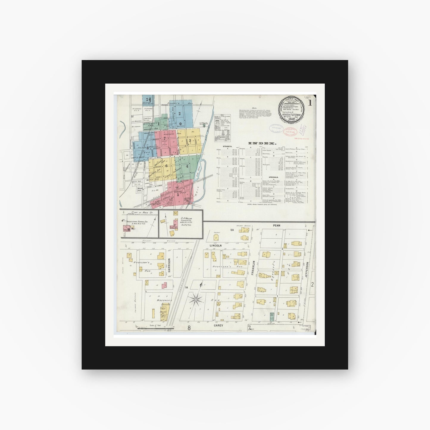 Old map wall art mockup — black gallery frame with white mat — Sanborn Fire Insurance Map from Knightstown, Henry County, Indiana (1898) - Complete Map Set