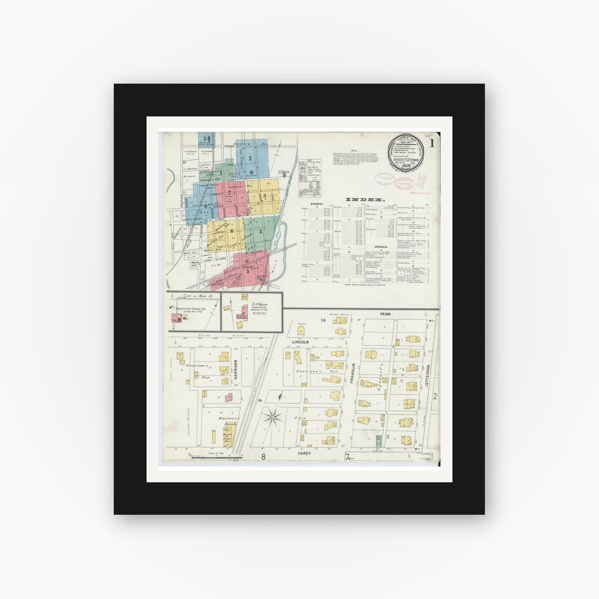Old map wall art mockup — black gallery frame with white mat — Sanborn Fire Insurance Map from Knightstown, Henry County, Indiana (1898) - Complete Map Set