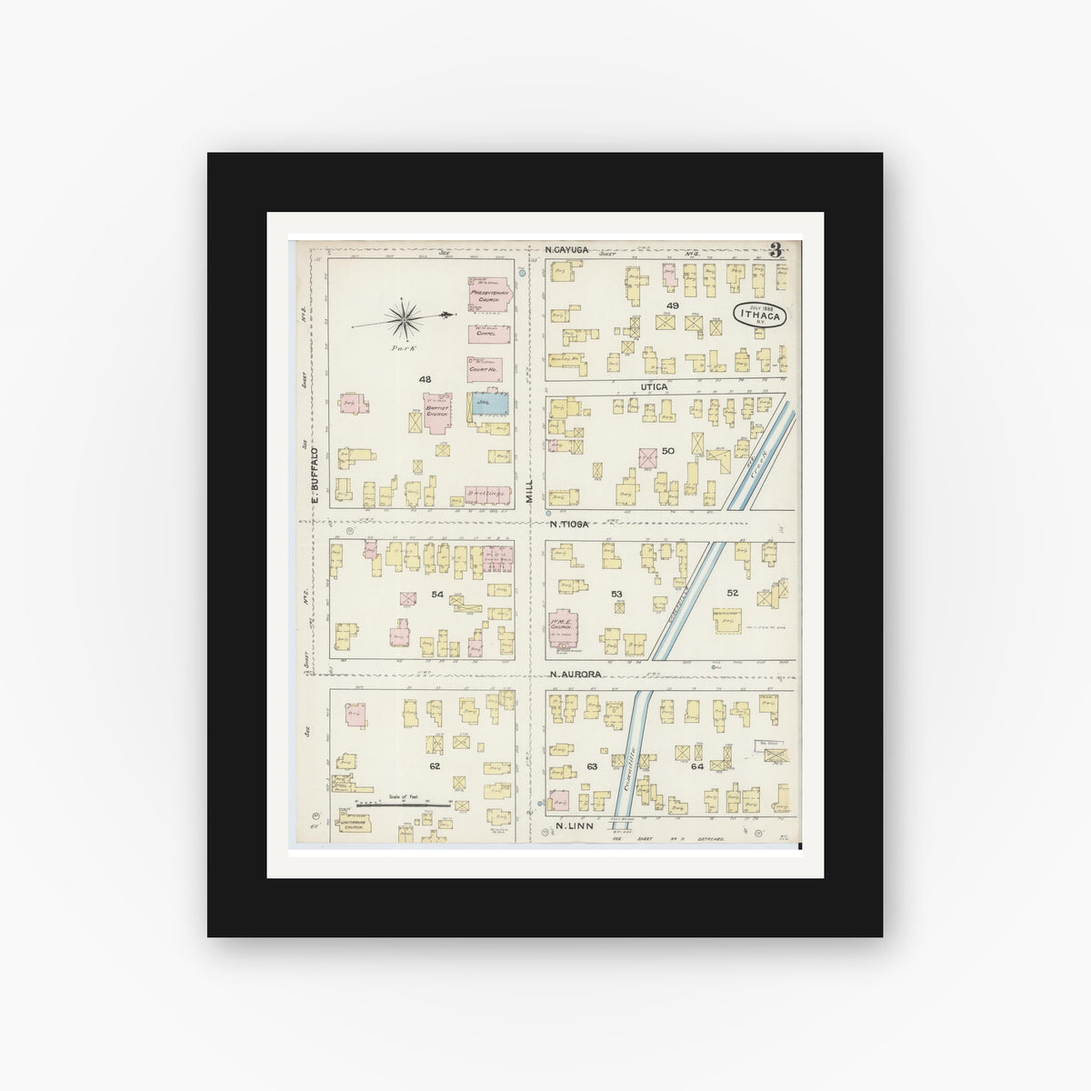 Old map wall art mockup — black gallery frame with white mat — Sanborn Fire Insurance Map from Ithaca, Tompkins County, New York (1888), Sheet #0003