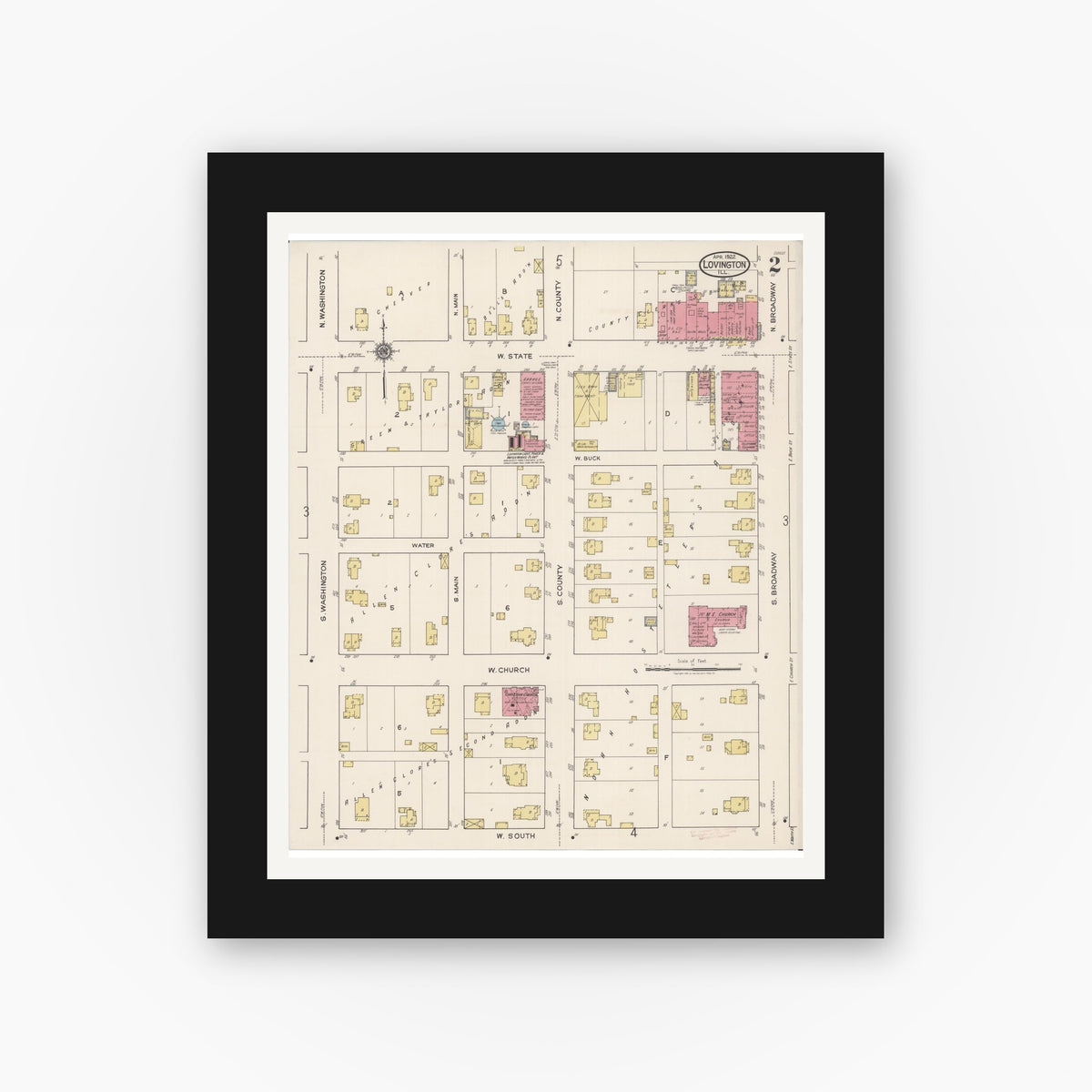 Old map wall art mockup — black gallery frame with white mat — Sanborn Fire Insurance Map from Lovington, Moultrie County, Illinois (1922), Sheet #0002