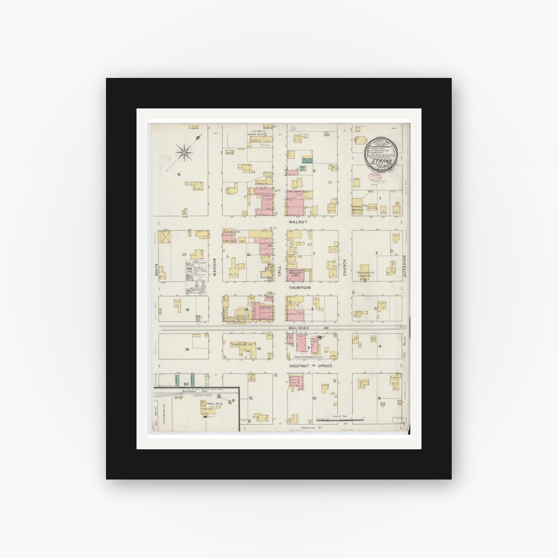 Old map wall art mockup — black gallery frame with white mat — Sanborn Fire Insurance Map from Starke, Bradford County, Florida (1895), Sheet #0001