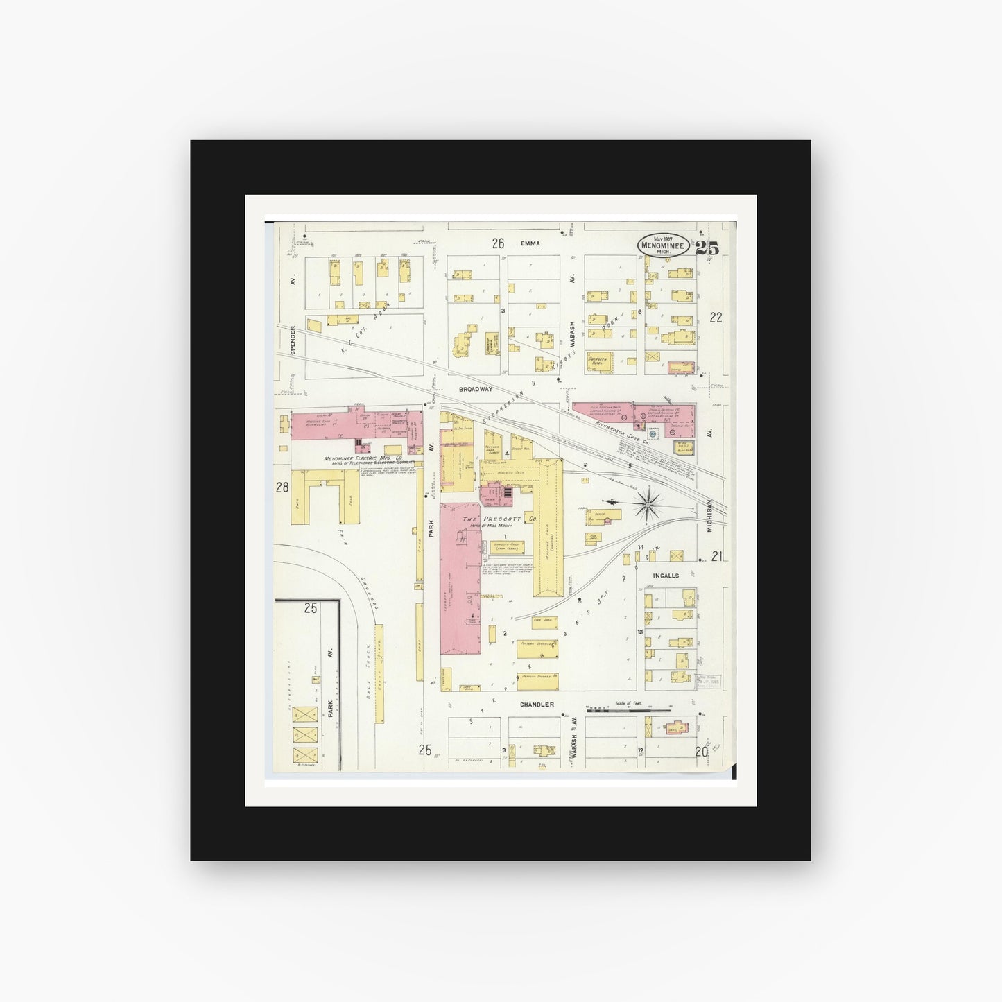 Old map wall art mockup — black gallery frame with white mat — Sanborn Fire Insurance Map from Menominee, Menominee County, Michigan (1907), Sheet #0025