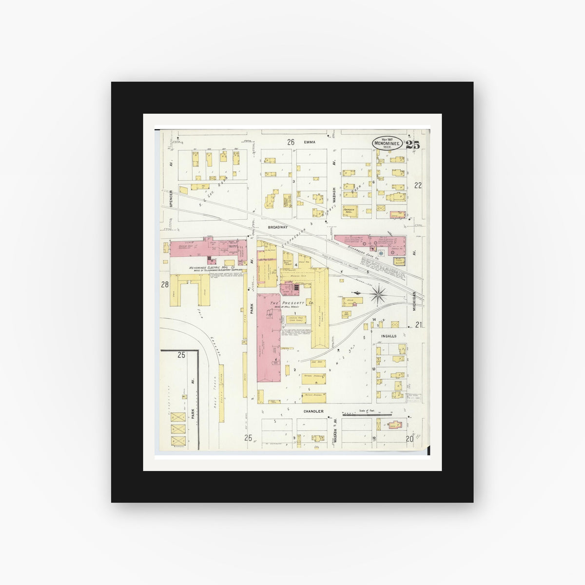 Old map wall art mockup — black gallery frame with white mat — Sanborn Fire Insurance Map from Menominee, Menominee County, Michigan (1907), Sheet #0025