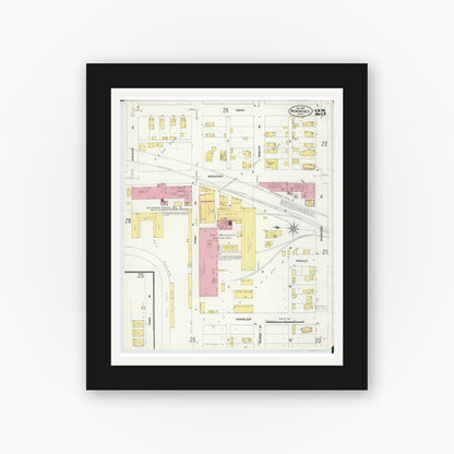 Old map wall art mockup — black gallery frame with white mat — Sanborn Fire Insurance Map from Menominee, Menominee County, Michigan (1907), Sheet #0025
