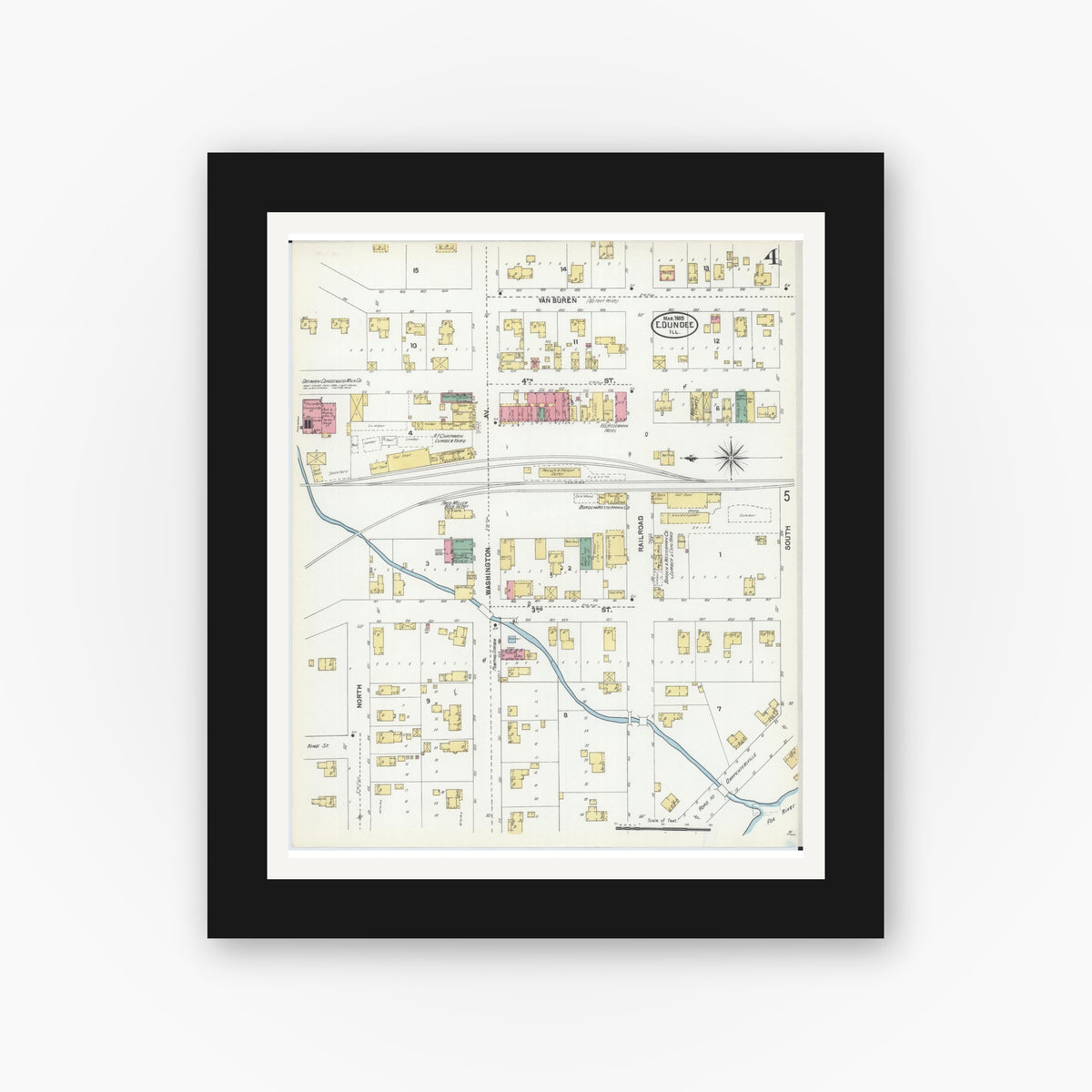 Old map wall art mockup — black gallery frame with white mat — Sanborn Fire Insurance Map from Dundee, Kane County, Illinois (1905), Sheet #0004