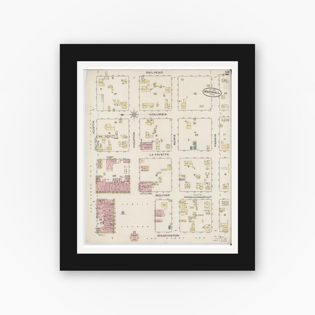 Old map wall art mockup — black gallery frame with white mat — Sanborn Fire Insurance Map from Marshall, Harrison County, Texas (1885), Sheet #0002