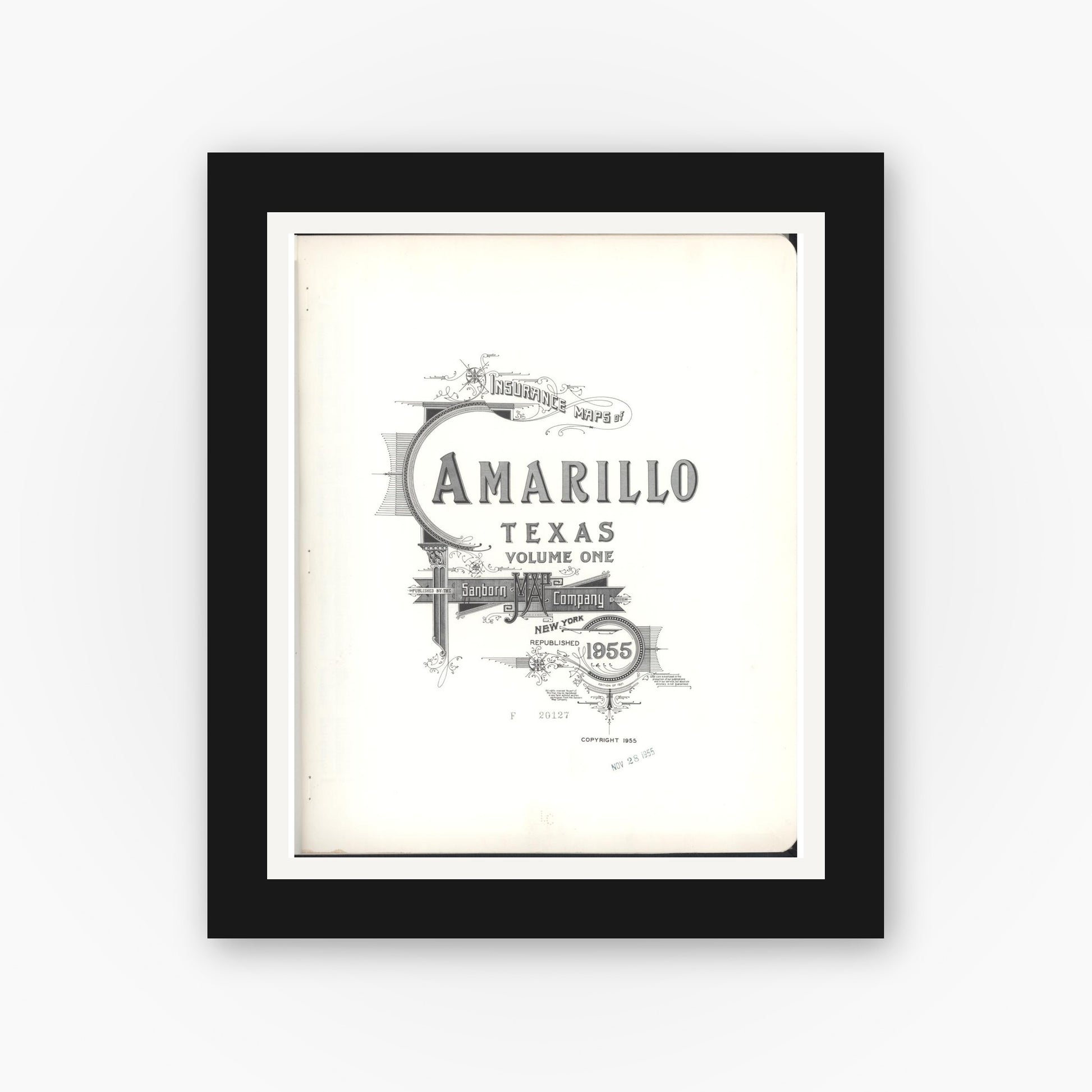 Old map wall art mockup — black gallery frame with white mat — Sanborn Fire Insurance Map from Amarillo, Potter County, Texas (1955), Sheet #0001