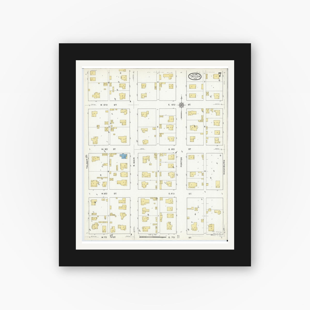 Old map wall art mockup — black gallery frame with white mat — Sanborn Fire Insurance Map from Taylor, Williamson County, Texas (1916), Sheet #0007
