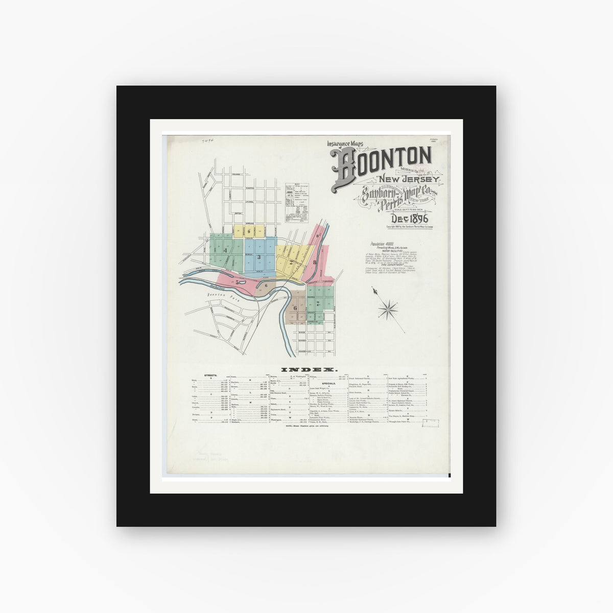 Old map wall art mockup — black gallery frame with white mat — Sanborn Fire Insurance Map from Boonton, Morris County, New Jersey (1896), Sheet #0001