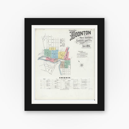 Old map wall art mockup — black gallery frame with white mat — Sanborn Fire Insurance Map from Boonton, Morris County, New Jersey (1896), Sheet #0001
