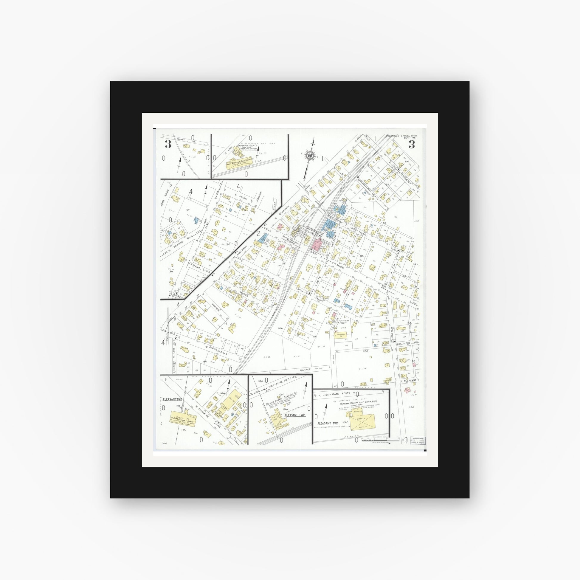 Old map wall art mockup — black gallery frame with white mat — Sanborn Fire Insurance Map from Columbus Grove, Putnam County, Ohio (1951), Sheet #0003