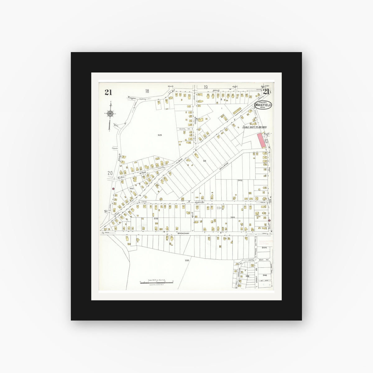 Old map wall art mockup — black gallery frame with white mat — Sanborn Fire Insurance Map from Wakefield, Middlesex County, Massachusetts (1923), Sheet #0021