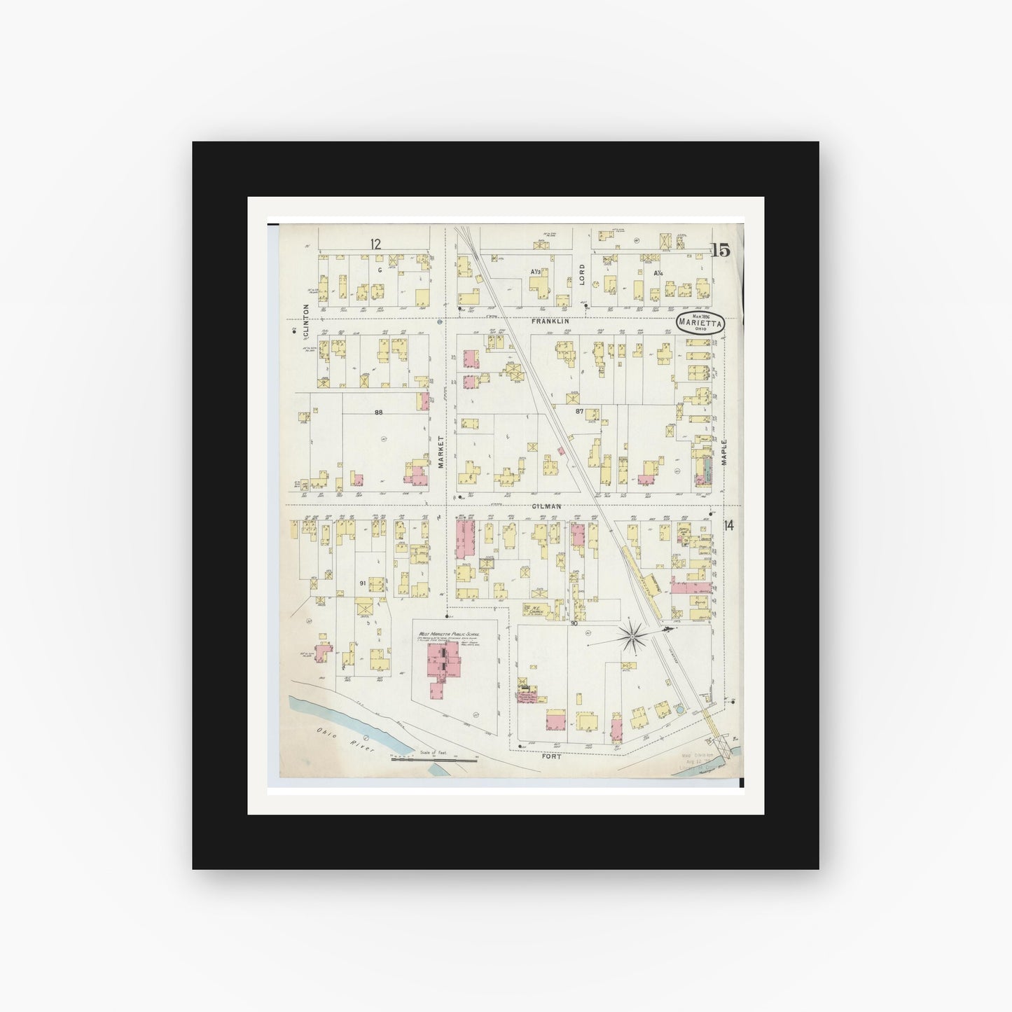Old map wall art mockup — black gallery frame with white mat — Sanborn Fire Insurance Map from Marietta, Washington County, Ohio (1896), Sheet #0015